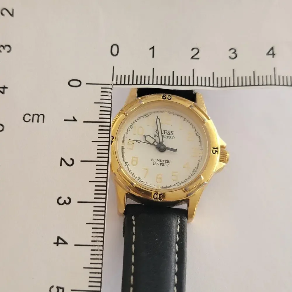 Vintage Guess Womens Watch 30mm White Dial Gold Case Black Leather Quartz
